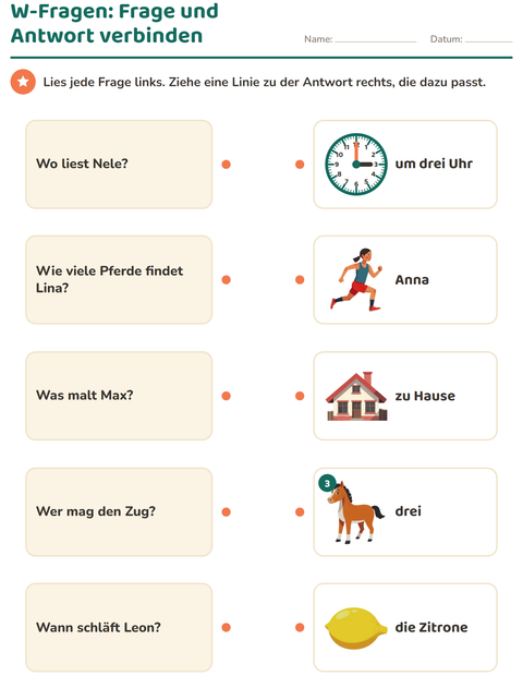 Frage und Antwort verbinden: fünf W-Fragen, fünf Bilder