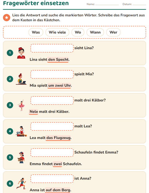Vorschau: W-Fragen-Arbeitsblatt für 1. Klasse
