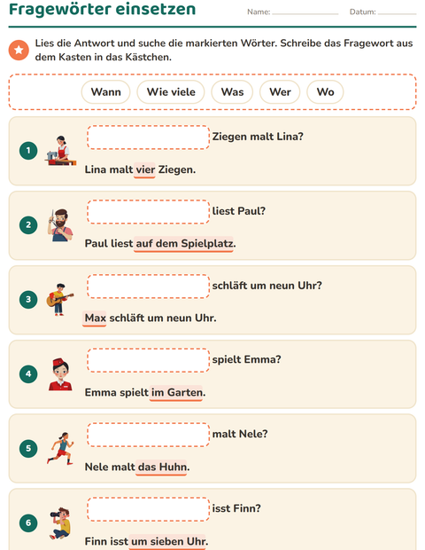 Vorschau: W-Fragen-Arbeitsblatt für 1. Klasse