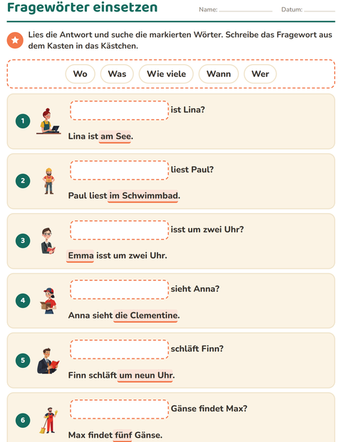 Vorschau: W-Fragen-Arbeitsblatt für 1. Klasse