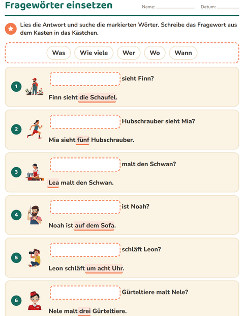 Vorschau: W-Fragen-Arbeitsblatt für 1. Klasse