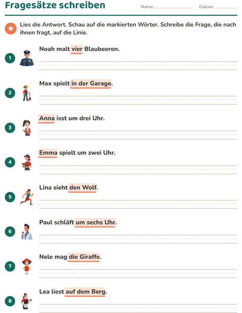 Vorschau: W-Fragen-Arbeitsblatt für 2. Klasse