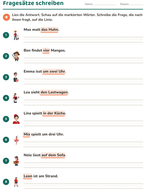 Vorschau: W-Fragen-Arbeitsblatt für 2. Klasse