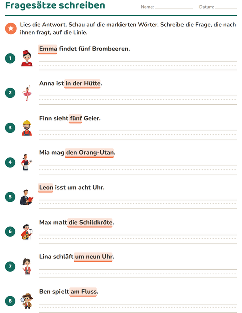 Zu jeder Antwort den ganzen Fragesatz schreiben