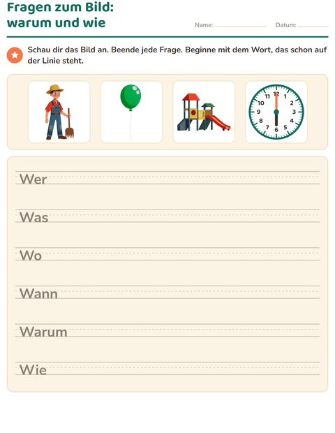 Vorschau: W-Fragen-Arbeitsblatt für 2. Klasse