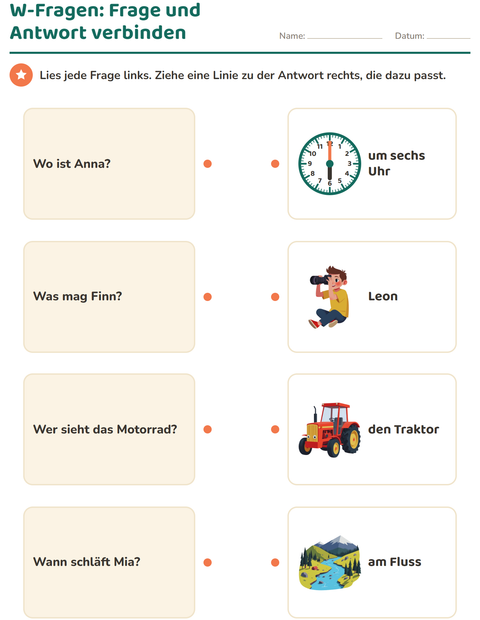 Vorschau: W-Fragen-Arbeitsblatt für 1. Klasse