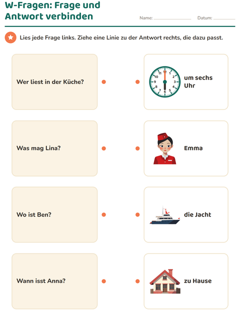 Vorschau: W-Fragen-Arbeitsblatt für 1. Klasse