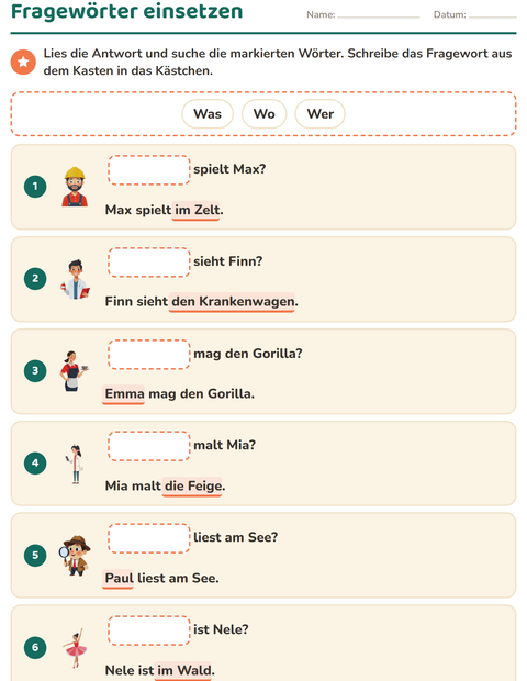 Vorschau: W-Fragen-Arbeitsblatt für 1. Klasse