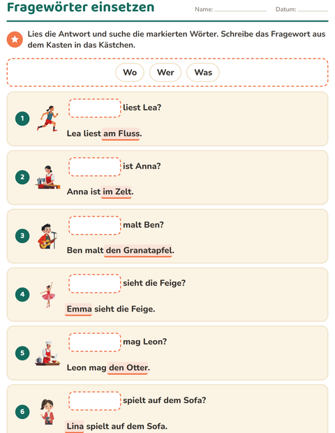 Vorschau: W-Fragen-Arbeitsblatt für 1. Klasse