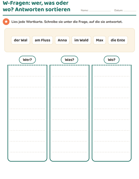 Vorschau: W-Fragen-Arbeitsblatt für 1. Klasse