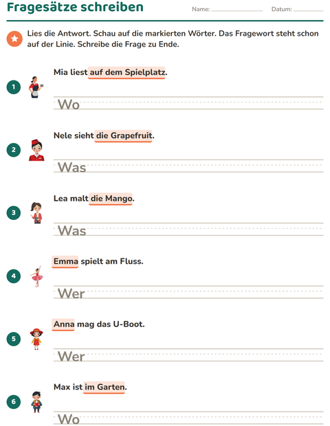 Vorschau: W-Fragen-Arbeitsblatt für 2. Klasse