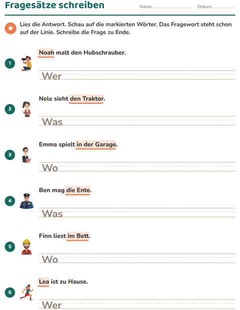 Vorschau: W-Fragen-Arbeitsblatt für 2. Klasse