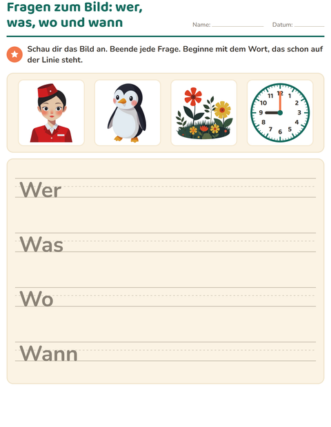 Vorschau: W-Fragen-Arbeitsblatt für 2. Klasse