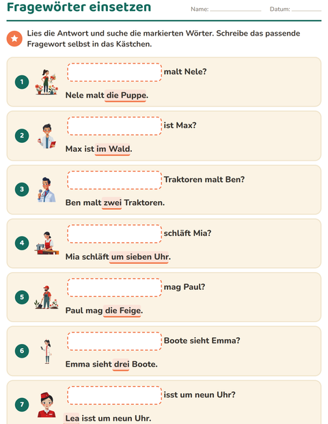 Vorschau: W-Fragen-Arbeitsblatt für 1. Klasse