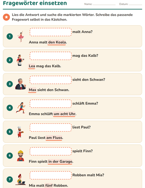 Vorschau: W-Fragen-Arbeitsblatt für 1. Klasse