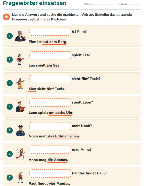 Vorschau: W-Fragen-Arbeitsblatt für 1. Klasse