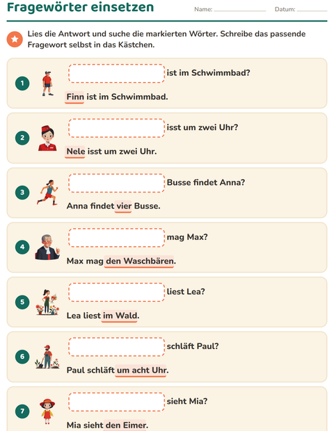 Vorschau: W-Fragen-Arbeitsblatt für 1. Klasse