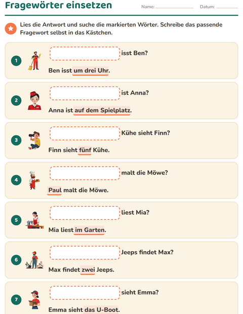 Vorschau: W-Fragen-Arbeitsblatt für 1. Klasse