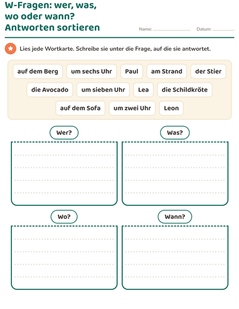 Vorschau: W-Fragen-Arbeitsblatt für 1. Klasse