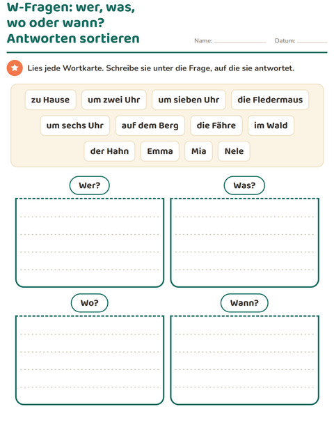 Vorschau: W-Fragen-Arbeitsblatt für 1. Klasse