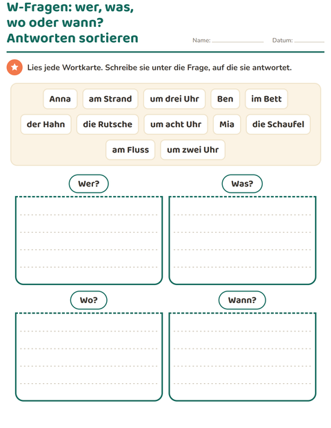 Vorschau: W-Fragen-Arbeitsblatt für 1. Klasse