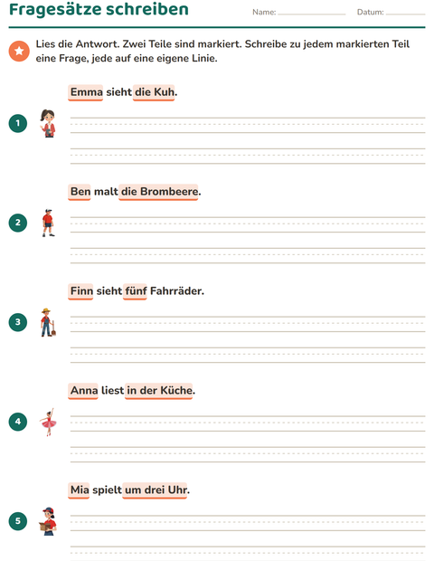 Vorschau: W-Fragen-Arbeitsblatt für 2. Klasse