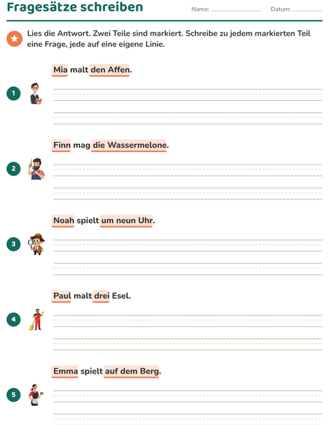 Vorschau: W-Fragen-Arbeitsblatt für 2. Klasse