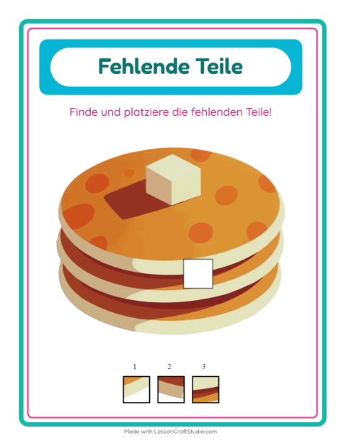 Vorschau: Was fehlt-Arbeitsblatt mit Desserts und Süßigkeiten für Kindergarten