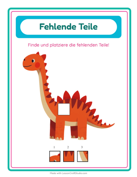 Vorschau: Was fehlt-Arbeitsblatt mit Dinosaurier für Kindergarten