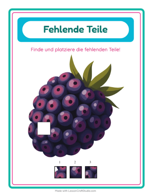 Vorschau: Was fehlt-Arbeitsblatt mit Früchte für Kindergarten