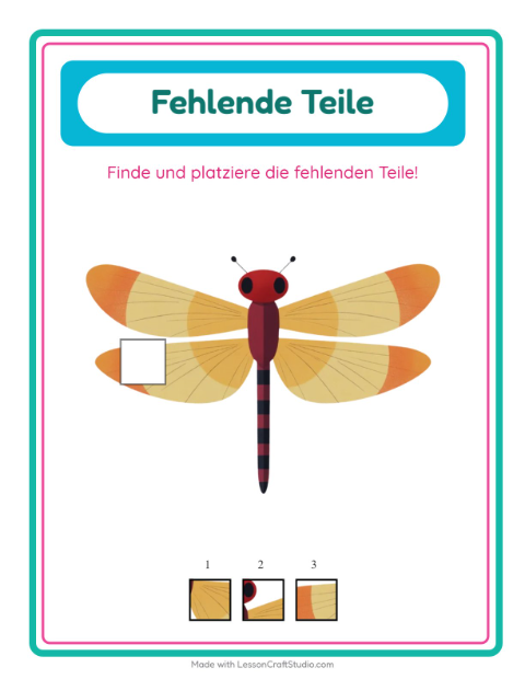 Vorschau: Was fehlt-Arbeitsblatt mit Insekten und Käfer für Kindergarten