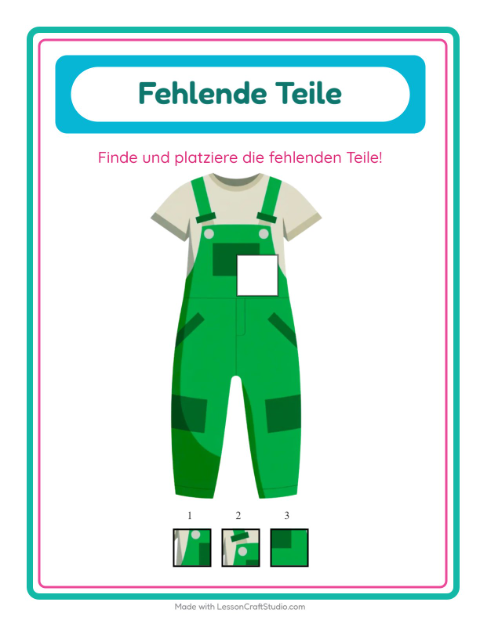 Vorschau: Was fehlt-Arbeitsblatt mit Kleidung für Kindergarten