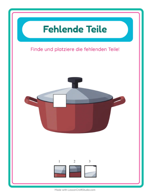 Vorschau: Was fehlt? Ein fehlendes Teil mit Löffeln, Schneebesen und Pfannen – Arbeitsblatt für die Vorschule