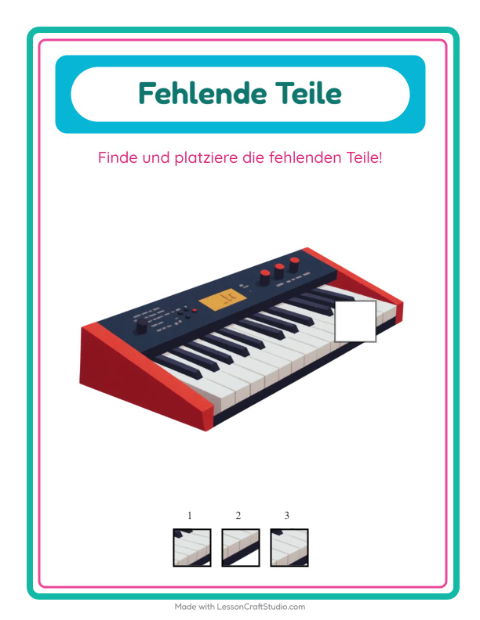Vorschau: Was fehlt-Arbeitsblatt mit Musik für Kindergarten