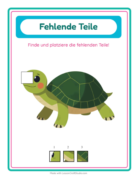 Vorschau: Was fehlt-Arbeitsblatt mit Reptilien und Amphibien für Kindergarten