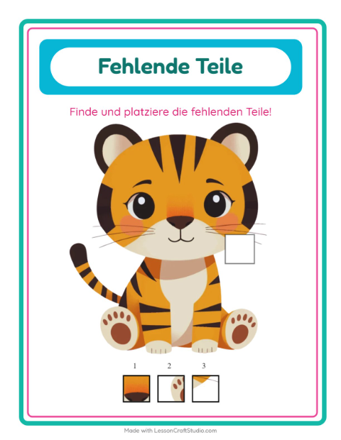 Vorschau: Was fehlt-Arbeitsblatt mit Zootiere für Kindergarten
