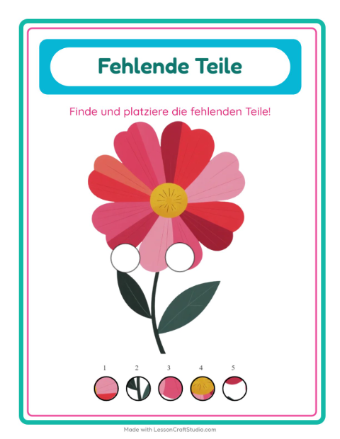 Vorschau: Was fehlt-Arbeitsblatt mit Blumen für Kindergarten