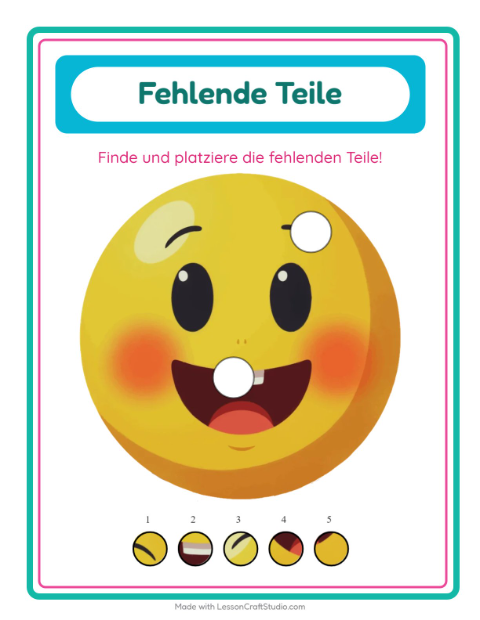 Vorschau: Was fehlt-Arbeitsblatt mit Emotionen für Kindergarten