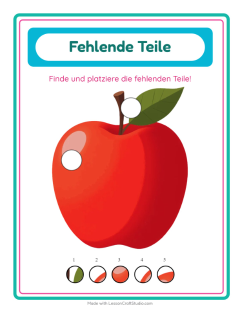 Vorschau: Was fehlt-Arbeitsblatt mit Früchte für Kindergarten