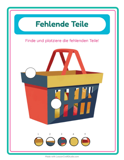 Vorschau: Was fehlt-Arbeitsblatt mit Im Supermarkt für Kindergarten