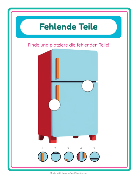 Vorschau: Was fehlt-Arbeitsblatt mit Küchenwerkzeuge für Kindergarten