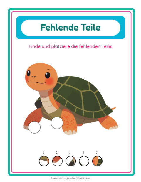 Vorschau: Was fehlt-Arbeitsblatt mit Reptilien und Amphibien für Kindergarten