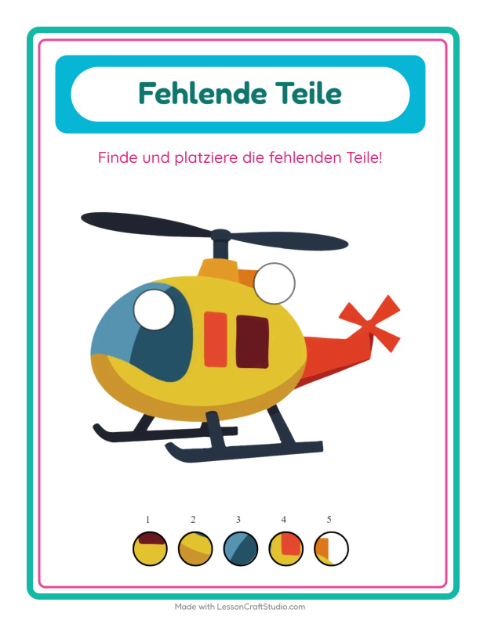 Vorschau: Was fehlt? Zwei fehlende Teile mit Bällen, Puppen und Robotern – Arbeitsblatt für die Vorschule