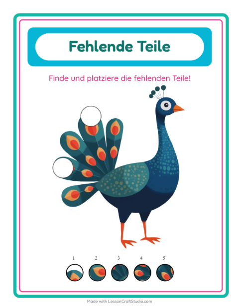 Vorschau: Was fehlt-Arbeitsblatt mit Vögel 2 für Kindergarten