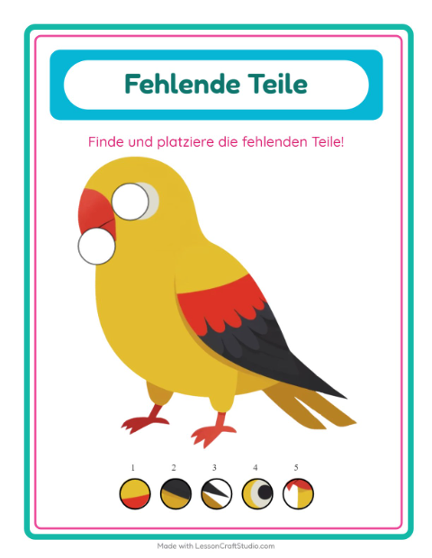 Vorschau: Was fehlt-Arbeitsblatt mit Vögel für Kindergarten