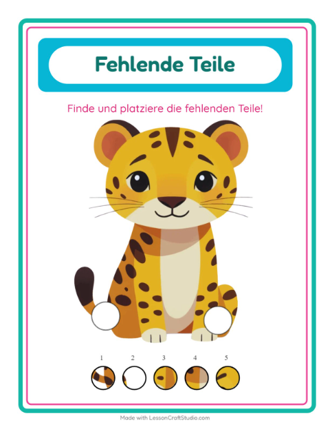 Vorschau: Was fehlt-Arbeitsblatt mit Zootiere für Kindergarten
