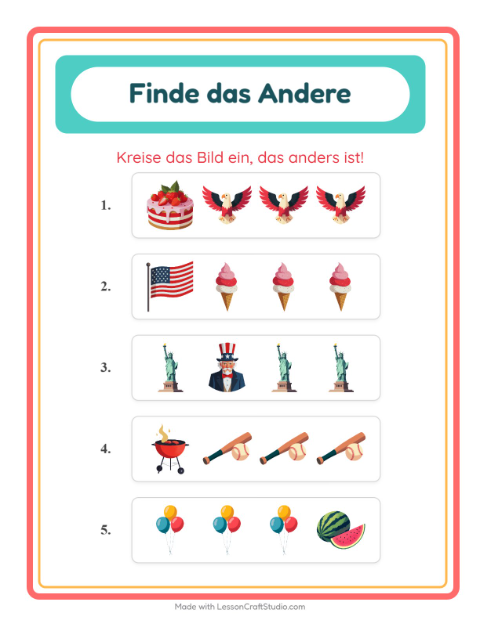 Vorschau: Was passt nicht-Arbeitsblatt mit 4. Juli für Kindergarten