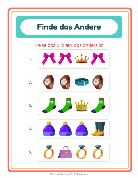 Vorschau: Was passt nicht-Arbeitsblatt mit Accessoires für Kindergarten