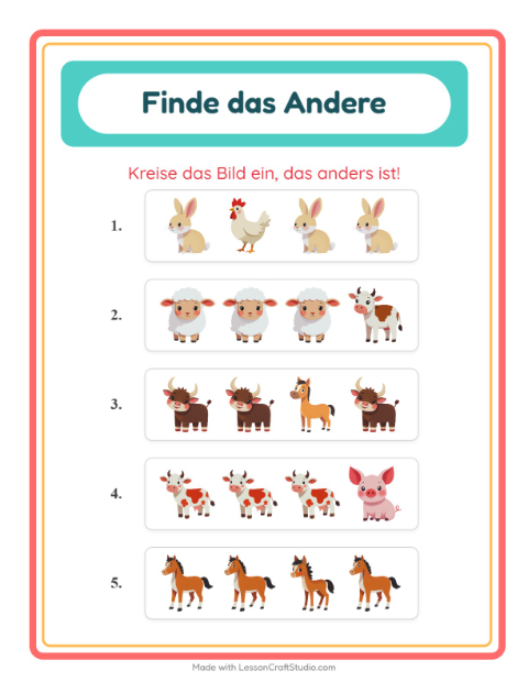 Vorschau: Was passt nicht-Arbeitsblatt mit Bauernhoftiere für Kindergarten