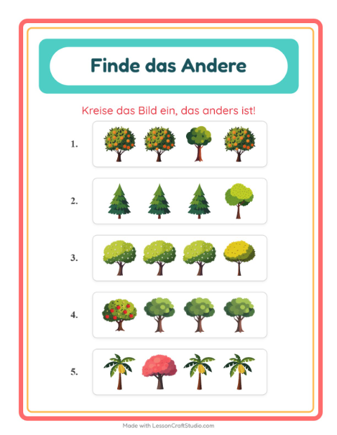 Vorschau: Was passt nicht-Arbeitsblatt mit Bäume für Kindergarten